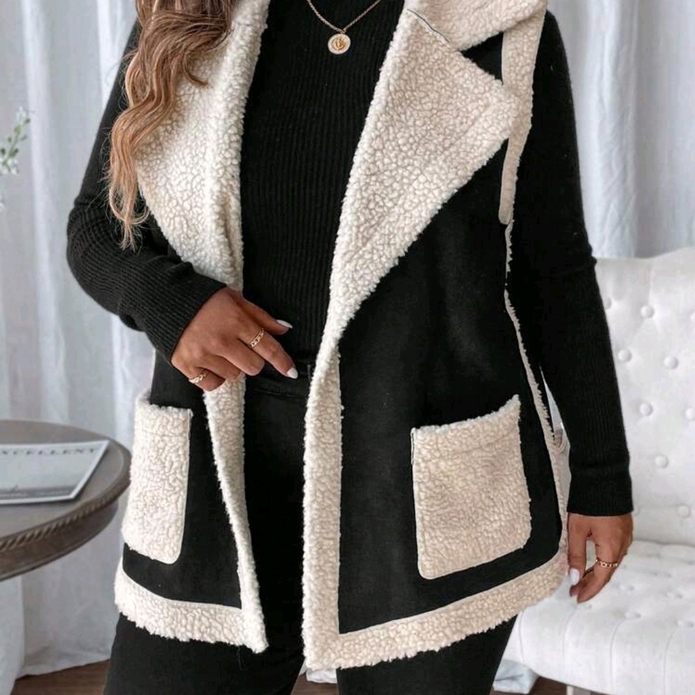 Women's Black and Cream Sherpa Vest